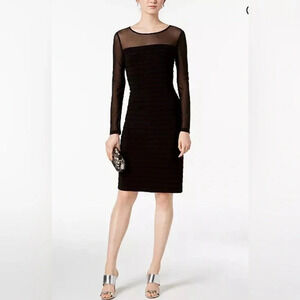 Adrianna Papell Illusion Pleated Body-con Dress Sz 4 Navy